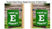 Load image into Gallery viewer, this is eastern michigan country logo reading correctly on both sides of green double sided garden flag
