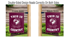 Load image into Gallery viewer, this is fairmont state university country logo reading correctly on both sides of maroon double sided garden flag
