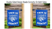 Load image into Gallery viewer, this is fayetteville state broncos logo reading correctly on both sides of blue double sided garden flag

