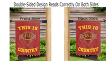 Load image into Gallery viewer, this is flagler college saints country logo reading correctly on both sides of red double sided garden flag
