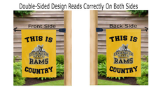 Load image into Gallery viewer, this is framingham state university rams country logo reading correctly on both sides of gold double sided garden flag
