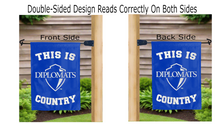 Load image into Gallery viewer, this is franklin &amp; marshall college diplomats country logo reading correctly on both sides of blue double sided garden flag
