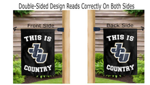Load image into Gallery viewer, this is jcu lobos country logo reading correctly on both sides of black double sided garden flag
