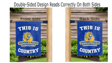 Load image into Gallery viewer, this is johnson &amp; wales university wildcats country logo reading correctly on both sides of blue double sided garden flag
