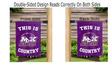 Load image into Gallery viewer, this is mckendree bearcats country logo reading correctly on both sides of purple double sided garden flag
