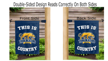 Load image into Gallery viewer, this is mcla trailblazers country logo reading correctly on both sides of blue double sided garden flag
