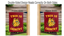 Load image into Gallery viewer, this is minnesota duluth country logo reading correctly on both sides of red double sided garden flag

