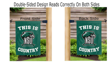 Load image into Gallery viewer, this is nsu riverhawks country logo reading correctly on both sides of green double sided garden flag
