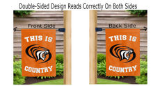 Load image into Gallery viewer, this is pacific tigers country logo reading correctly on both sides of orange double sided garden flag
