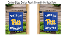 Load image into Gallery viewer, this is pitt country logo reading correctly on both sides of blue double sided garden flag
