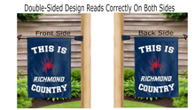 Load image into Gallery viewer, this is richmond spiders country logo reading correctly on both sides of blue double sided garden flag
