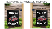 Load image into Gallery viewer, this is rider university broncs country logo reading correctly on both sides of black double sided garden flag
