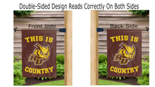 Load image into Gallery viewer, this is rowan university country logo reading correctly on both sides of brown double sided garden flag
