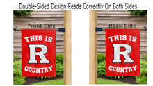 Load image into Gallery viewer, this is rutgers country logo reading correctly on both sides of red garden flag
