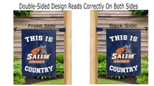 Load image into Gallery viewer, this is salem state vikings country logo reading correctly on both sides of blue double sided garden flag
