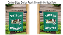 Load image into Gallery viewer, this is siena university country logo reading correctly on both sides of green double sided garden flag
