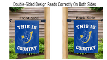 Load image into Gallery viewer, this is southern arkansas muleriders country logo reading correctly on both sides of blue double sided garden flag
