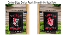 Load image into Gallery viewer, this is st john's red storm country logo reading correctly on both sides of black double sided garden flag
