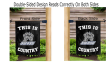 Load image into Gallery viewer, this is swosu country logo reading correctly on both sides of black double sided garden flag
