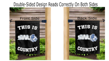 Load image into Gallery viewer, this is swu warriors country logo reading correctly on both sides of black double sided garden flag
