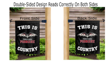 Load image into Gallery viewer, this is transylvania pioneers country logo reading correctly on both sides of black double sided garden flag
