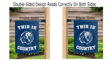Load image into Gallery viewer, this is uafs lions country logo reading correctly on both sides of blue double sided garden flag
