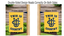 Load image into Gallery viewer, this is uc irvine country logo reading correctly on both sides of gold double sided garden flag
