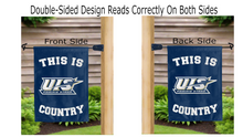 Load image into Gallery viewer, this is uis prairie stars country logo reading correctly on both sides of blue double sided garden flag
