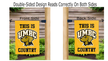 Load image into Gallery viewer, this is umbc retrievers country logo reading correctly on both sides of gold double sided garden flag
