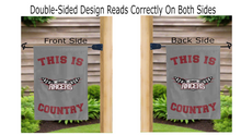 Load image into Gallery viewer, this is unoh racers country logo reading correctly on both sides of grey double sided garden flag
