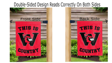 Load image into Gallery viewer, this is wesleyan cardinals country logo reading correctly on both sides of red double sided garden flag
