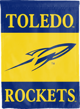 Load image into Gallery viewer, blue and gold toledo rockets double sided house flag for college dorm decor

