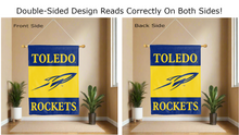 Load image into Gallery viewer, toledo rockets logo reading correctly on both sides of blue and gold double sided house flag
