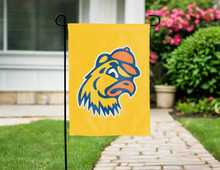 Load image into Gallery viewer, gold trinity college double sided garden flag with banty the bantam logo for yard decor
