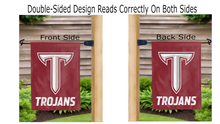 Load image into Gallery viewer, troy trojans logo reading correctly on both sides of red double sided garden flag
