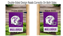 Load image into Gallery viewer, truman football logo reading correctly on both sides of purple and white double sided garden flag
