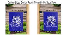 Load image into Gallery viewer, tsu tigers logo reading correctly on both sides of blue double sided garden flag
