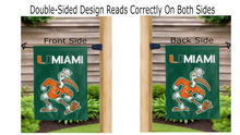 Load image into Gallery viewer, u miami logo reading correctly on both sides of green double sided garden flag
