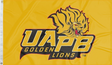 Load image into Gallery viewer, gold uapb golden lions flag for college dorm decor
