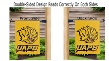 Load image into Gallery viewer, uapb golden lions logo reading correctly on both sides of gold double sided garden flag
