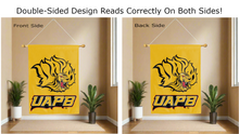 Load image into Gallery viewer, uapb golden lions logo reading correctly on both sides of gold double sided house flag
