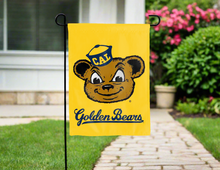 Load image into Gallery viewer, gold uc berkeley double sided garden flag with oski the bear logo for yard decor
