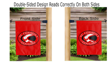 Load image into Gallery viewer, uc clermont cougars logo reading correctly on both sides of red double sided garden flag
