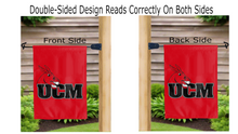 Load image into Gallery viewer, ucm logo reading correctly on both sides of red double sided garden flag
