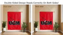 Load image into Gallery viewer, ucm logo reading correctly on both sides of red double sided house flag
