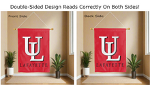 Load image into Gallery viewer, ul lafayette logo reading correctly on both sides of red double sided house flag
