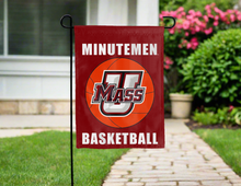 Load image into Gallery viewer, red umass basketball double sided garden flag hung for yard decor
