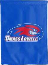Load image into Gallery viewer, blue umass lowell double sided house flag for game day decor
