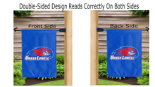 Load image into Gallery viewer, umass lowell logo reading correctly on both sides of blue double sided garden flag

