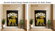 Load image into Gallery viewer, umbc logo reading correctly on both sides of black double sided house flag
